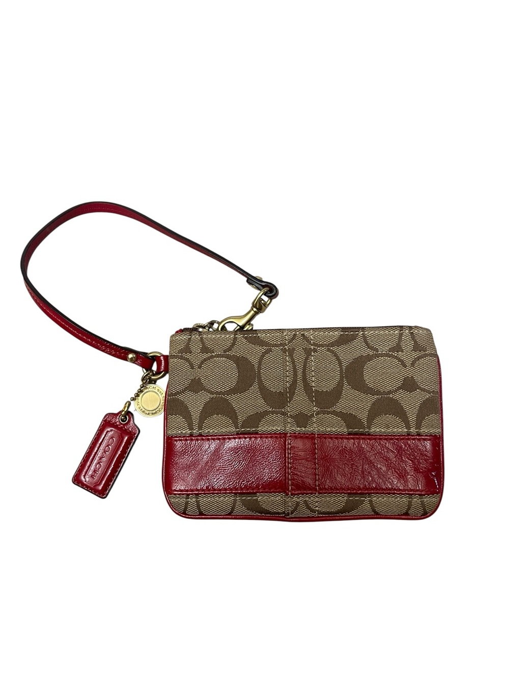 Coach Y2K Legacy Pouch Red Leather Tan Signature Jacquard Canvas Zip Wristlet